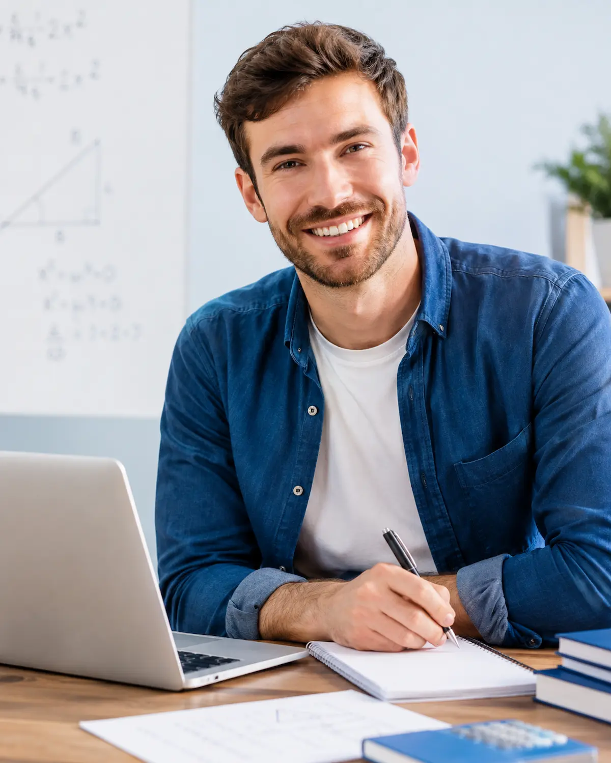 Smiling adult learner studying Functional Skills Maths Level 2 with a laptop and notebook
