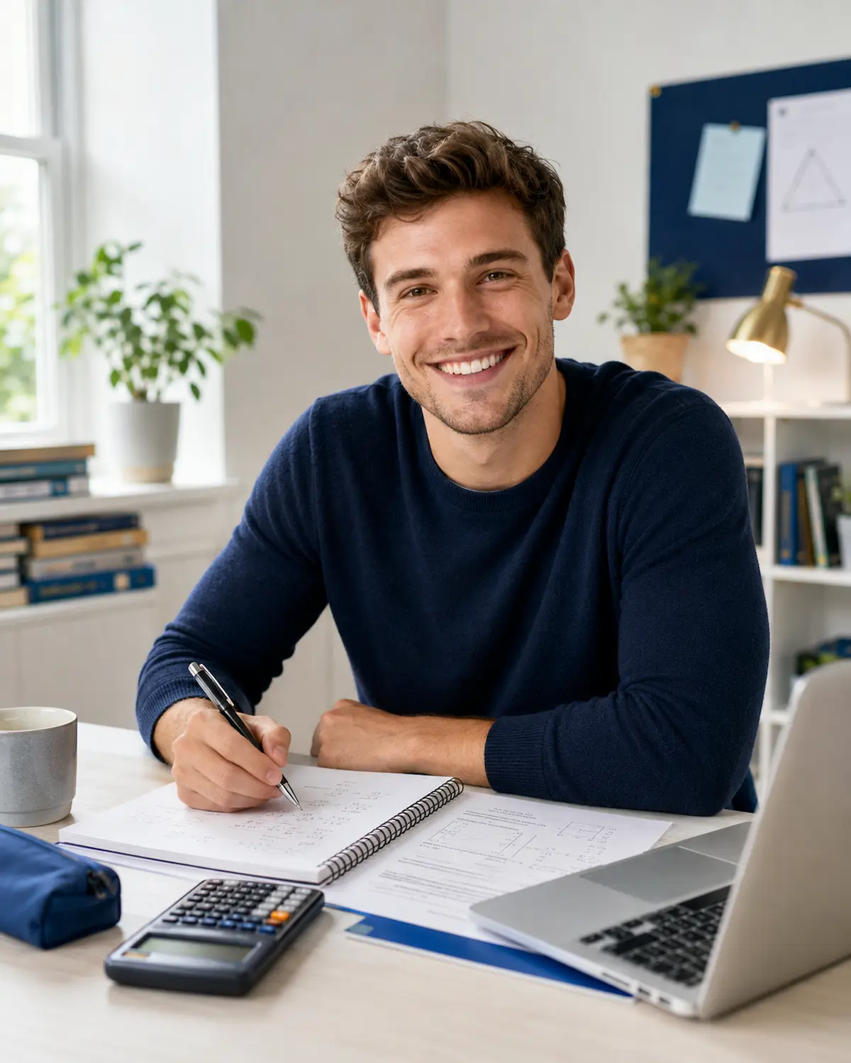Smiling adult learner preparing for a GCSE Maths exam with a calculator, notebook and laptop